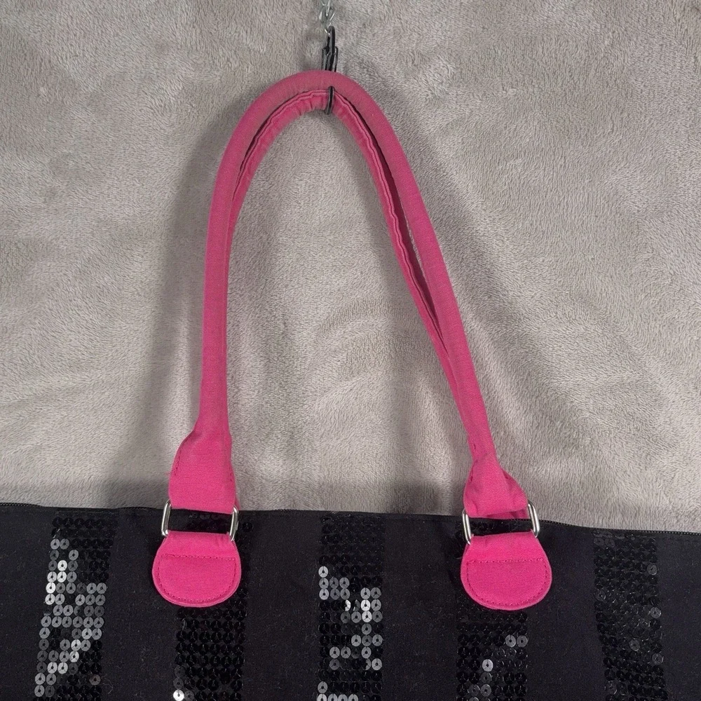 Victoria's Secret Tote Bag Womens Large Black Pink Sequin Weekender Travel Beach